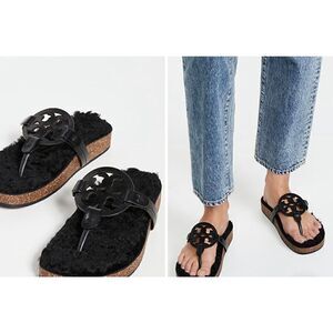 NIB Tory Burch Miller Cloud Shearling Medallion Thong Sandals